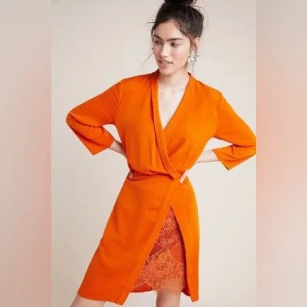 NSR Naomi Orange Surplice Neck Lace Mini Dress Size Small